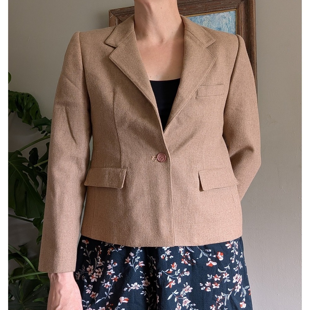 Vintage Evan Picone Petite Wool Blazer Camel Jacket Tailored Career Office USA